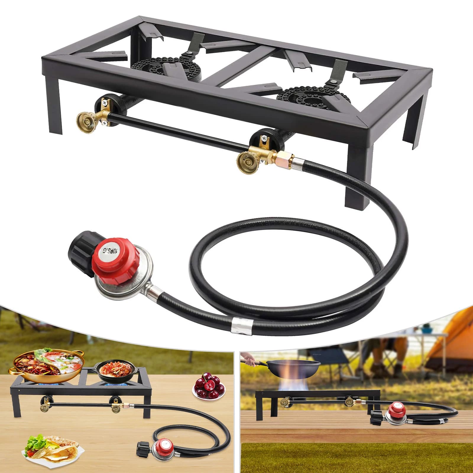 Portable double-fire outdoor gas cooker Propane stove with adjustable 0-10Psi adjustable tube for camping in the patio, barbecue, house