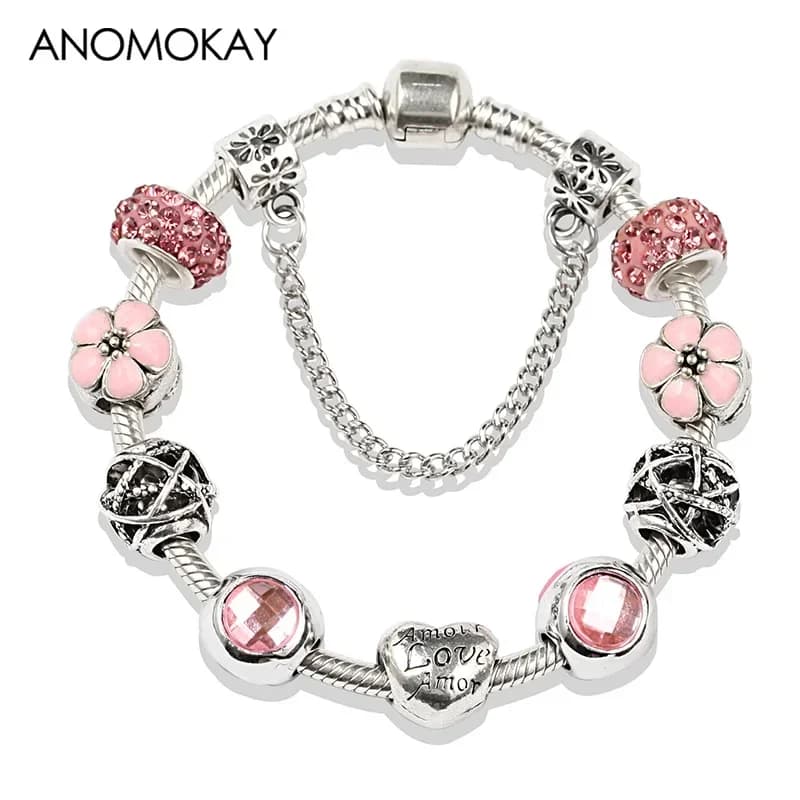 Braccialetti e braccialetti con ciondoli a forma di palla di fiore rosa semplice, regalo di compleanno per ragazza da donna, gioielli con bracciale con perline fai da te