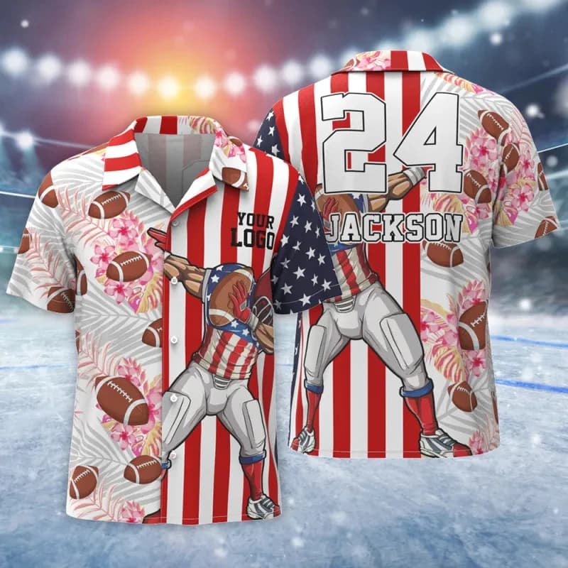 Camicia Hawaiana Personalizzata con Bandiera Americana, Nome e Numero Stampati, Motivo Tropicale, Camicia Aloha Sportiva Casual
