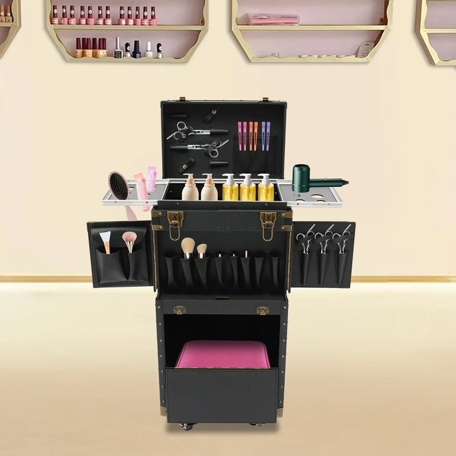 Custodia da parrucchiere nera Scatola portaoggetti per strumenti per stilisti con blocco password mobile 38x25x82 cm Organizzatore professionale per salone in PVC