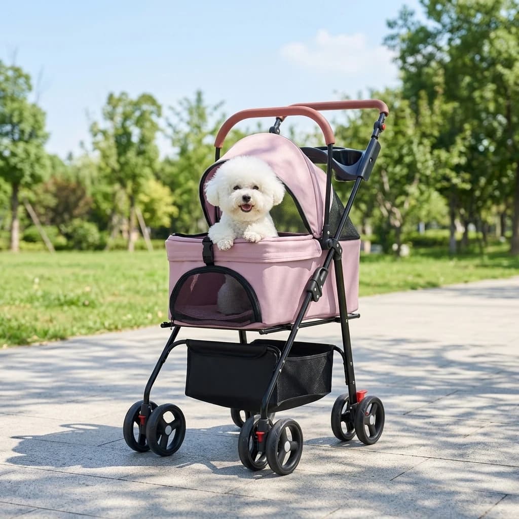 Metal Frame 4-Wheel Breathable Mesh Lightweight One-Hand Foldable Luxury Outdoor Walking Portable Pet Carrier Cat Dog Stroller