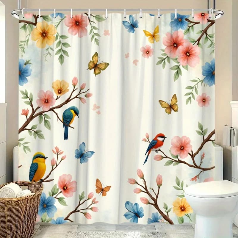 Tenda da doccia vibrante ispirata alla natura: uccelli, farfalle e fiori, poliestere morbido, arredamento da bagno vivace