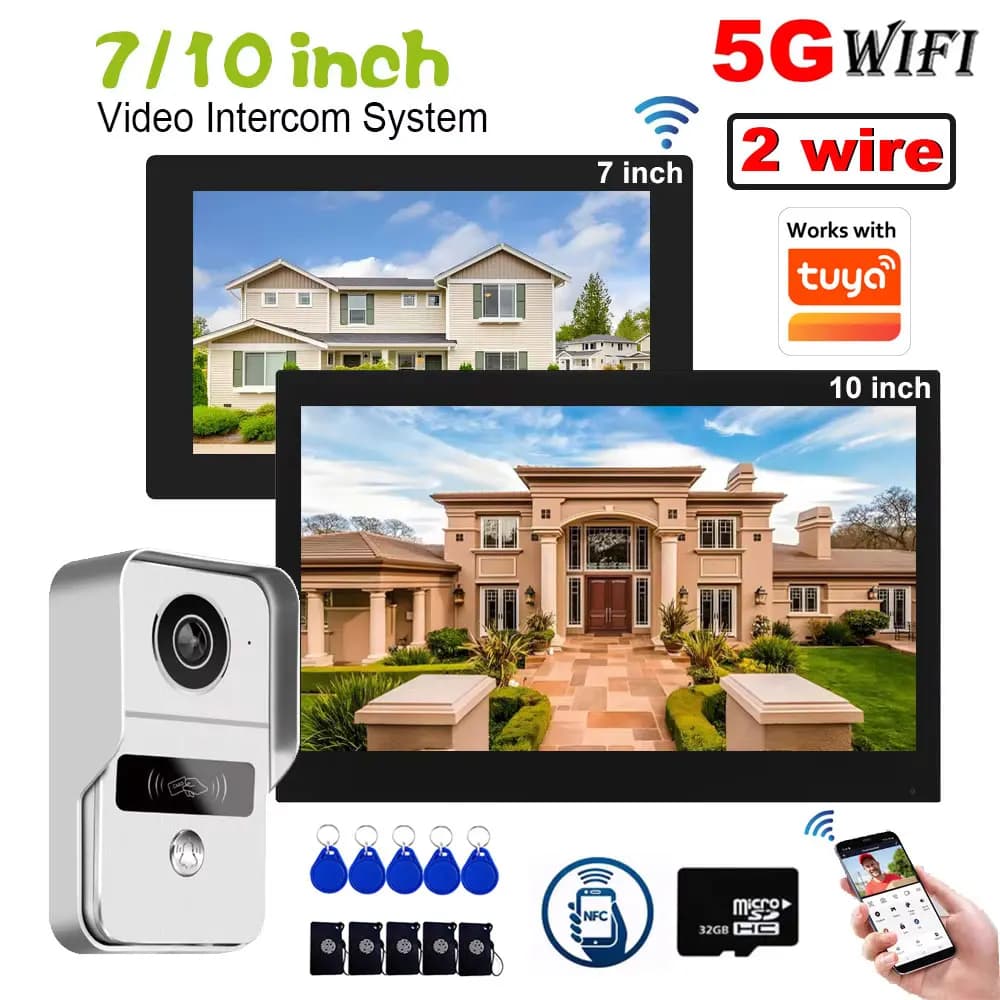 Tuya WiFi 1080P 2-wire video intercom with Touch Screen, 32G Card, Video Bell, Intercom Smart Life System for Home, 7/10 Options