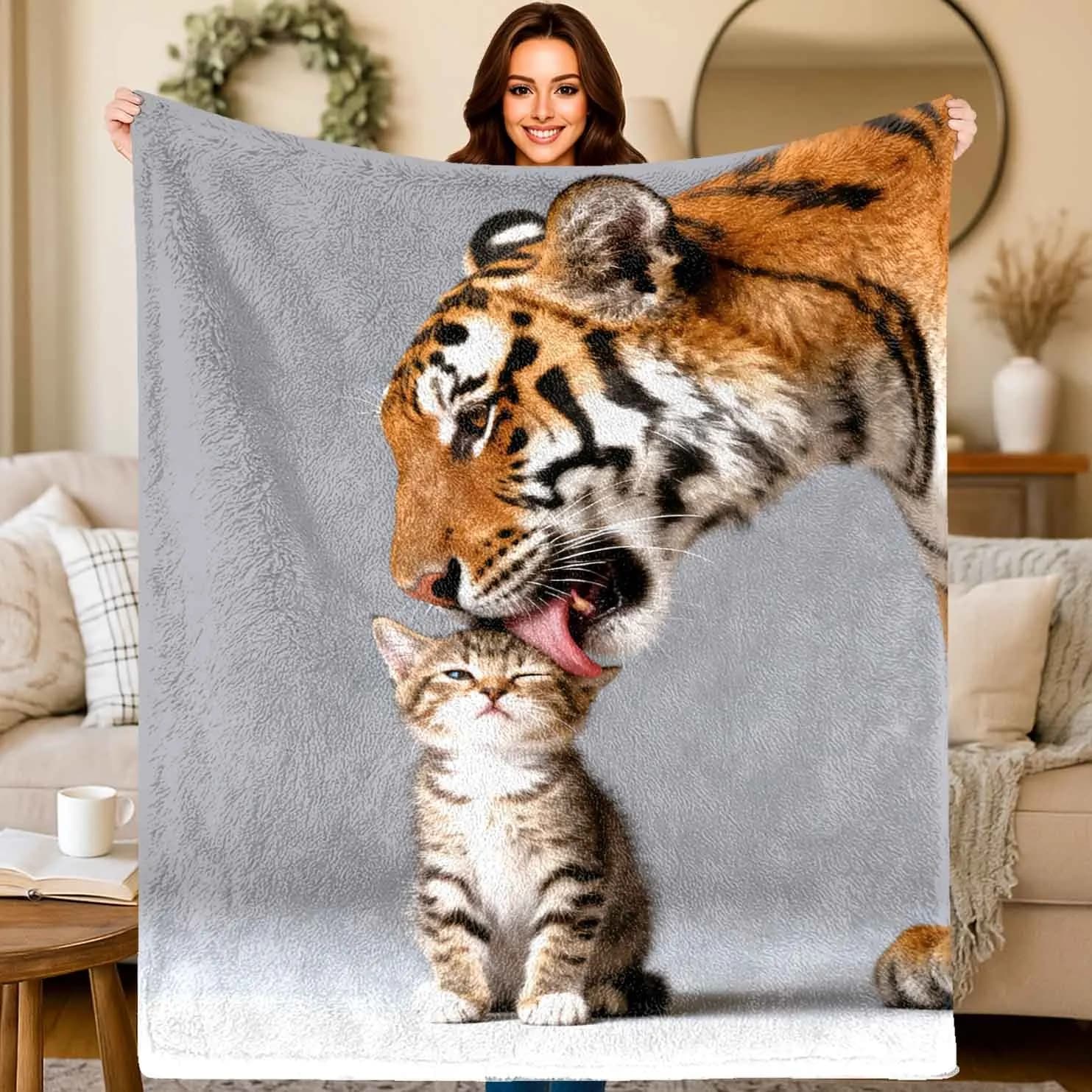 Tiger licking cat pattern Flannel printed blanket suitable for all seasons suitable for living room office sofa and travel