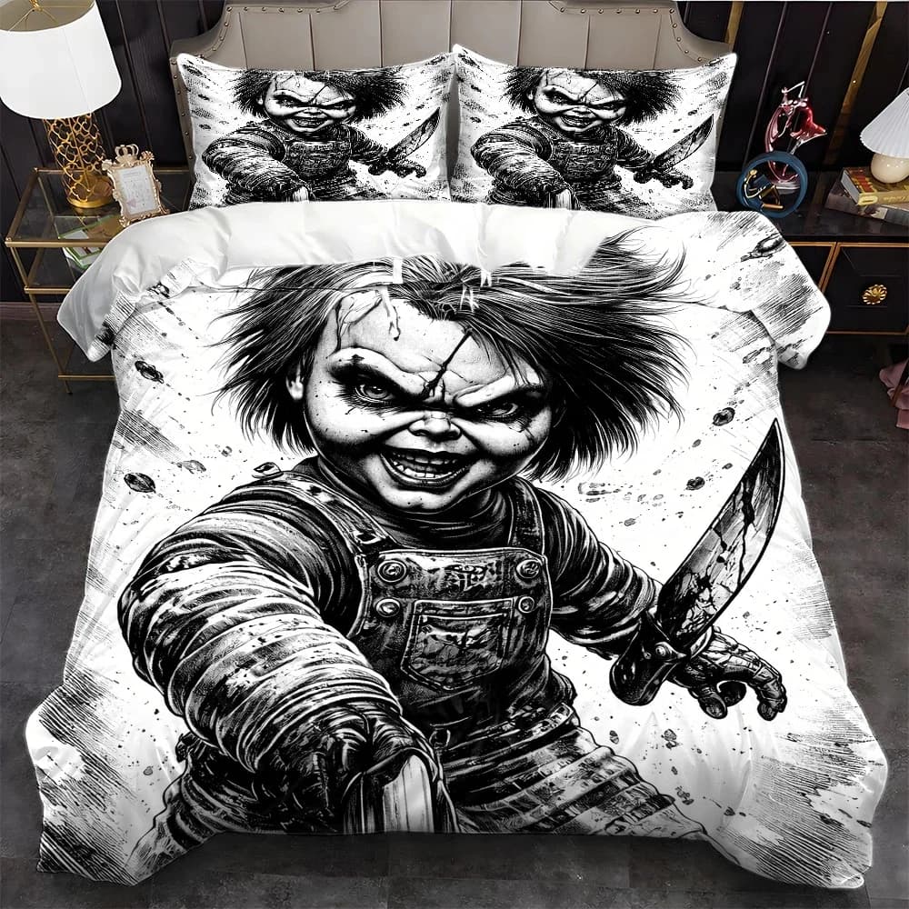 3Pc Horror Doll Theme Duvet Cover Set, Three-Piece Bedding Set (1*Duvet Cover + 2*Pillowcases), Suitable for All Seasons, Machine Washable, Invisible Zipper Double Bed Cover, Suitable for Home, Dorm, Master Bedroom, Guest Room, Personalized Dark Style Bedding Set, Large Duvet Cover Set, Anime Horror Style Bedding, Wear-Resistant and Wrinkle-Resistant Bedding Set, Trendy Horror Elements Bedding Set, Three-Piece Bedding Set with 2D Flat Print