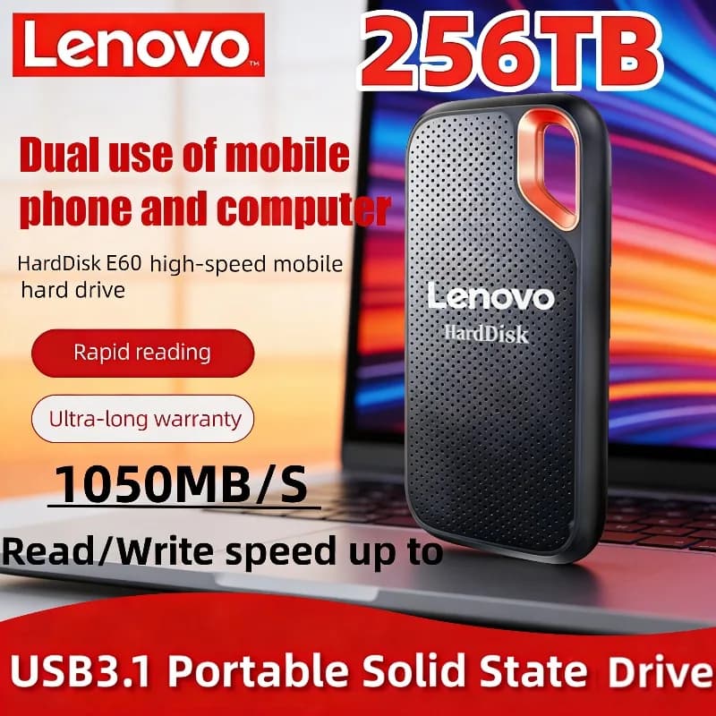 Disco Rigido Portatile Lenovo SSD E60 3.1 HD 1TB 2TB 256TB USB Esterno per Laptop PS5 Disco Rigido Mobile HDD