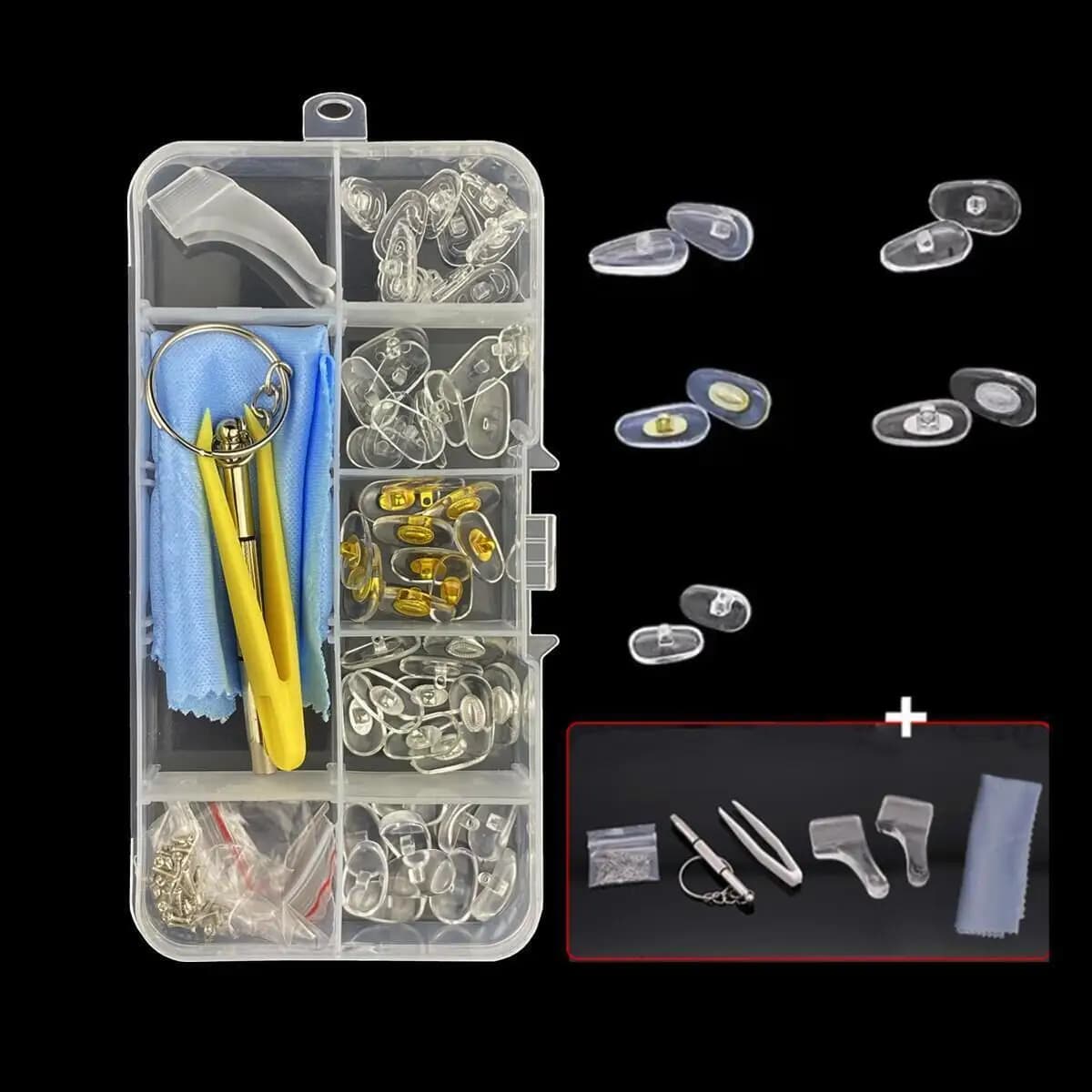 Kit di strumenti di riparazione per naselli per occhiali Kit di sostituzione con pinzette per cacciavite Ganci per le orecchie Confezione in scatola
