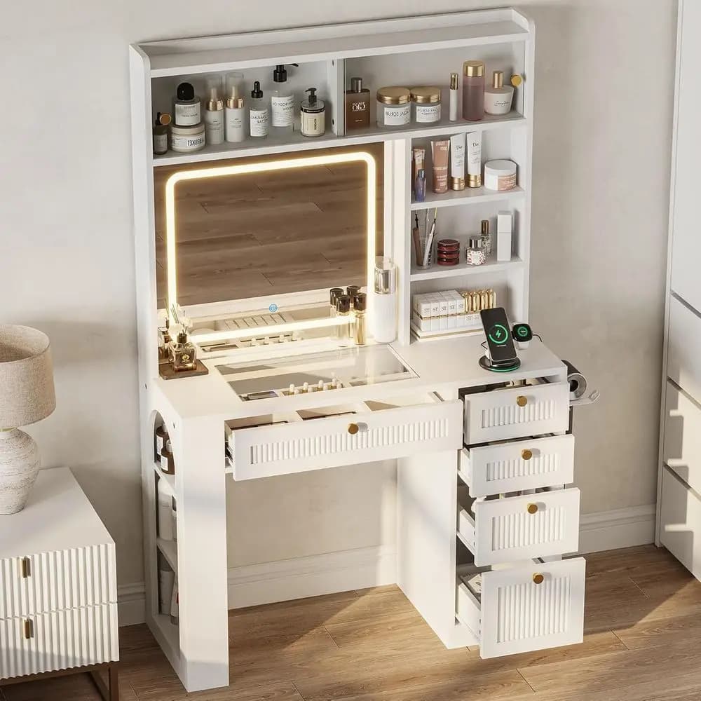 IRONCK Toeletta con Specchio LED, Trucco Vanity con Luce Dimmerabile a 3 Colori, Piano in Vetro, Stazione di Ricarica e Supporto per Asciugacapelli