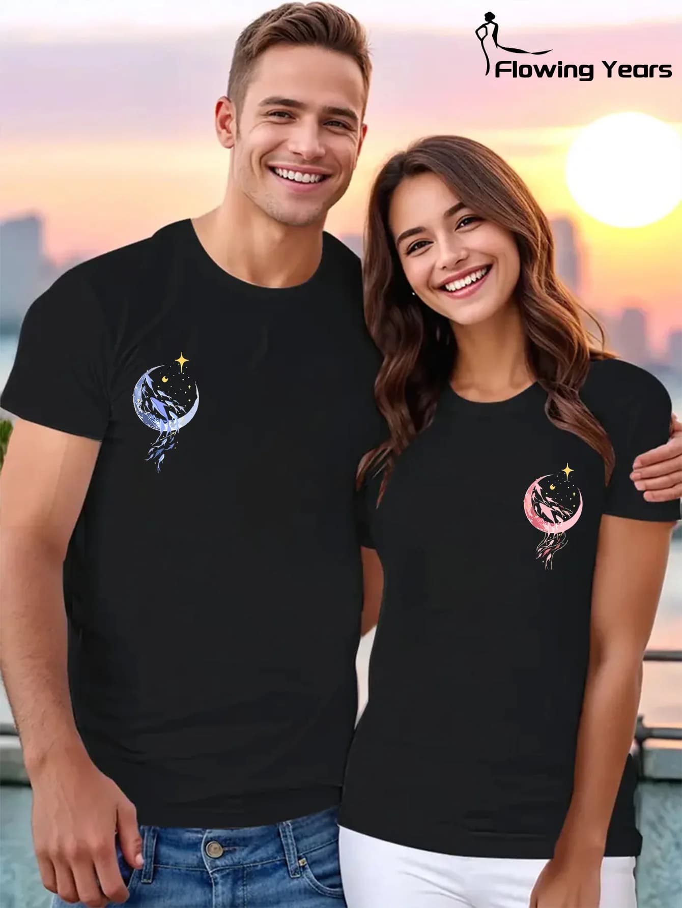 1 T-shirt per coppia abbinata per lui e per lei - Design con motivo Koi stampato per abbigliamento casual