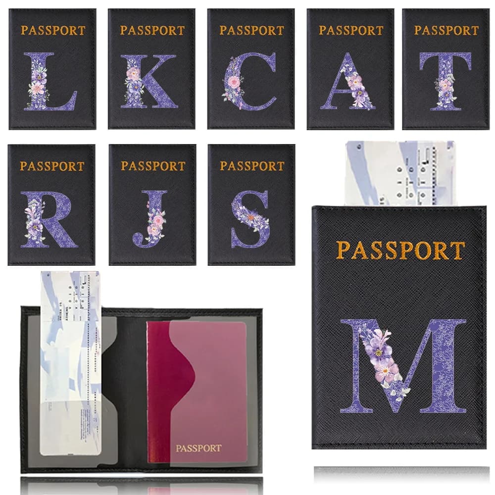Porta Passaporto da Viaggio Serie Motivo Floreale Viola, Custodia Nera per Passaporto, Portafoglio e Porta Documenti