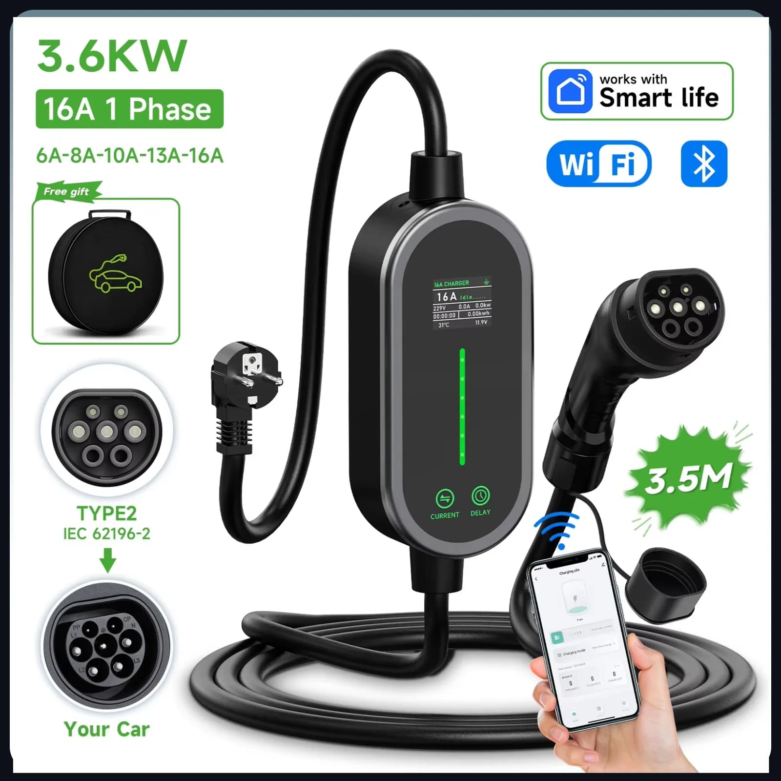 Caricatore Portatile AFEEV 16A 3.6KW Tipo 1/Tipo 2 per Auto Elettriche, Cavo di Ricarica EVSE, Wallbox con WiFi, APP, Bluetooth, Spina EU