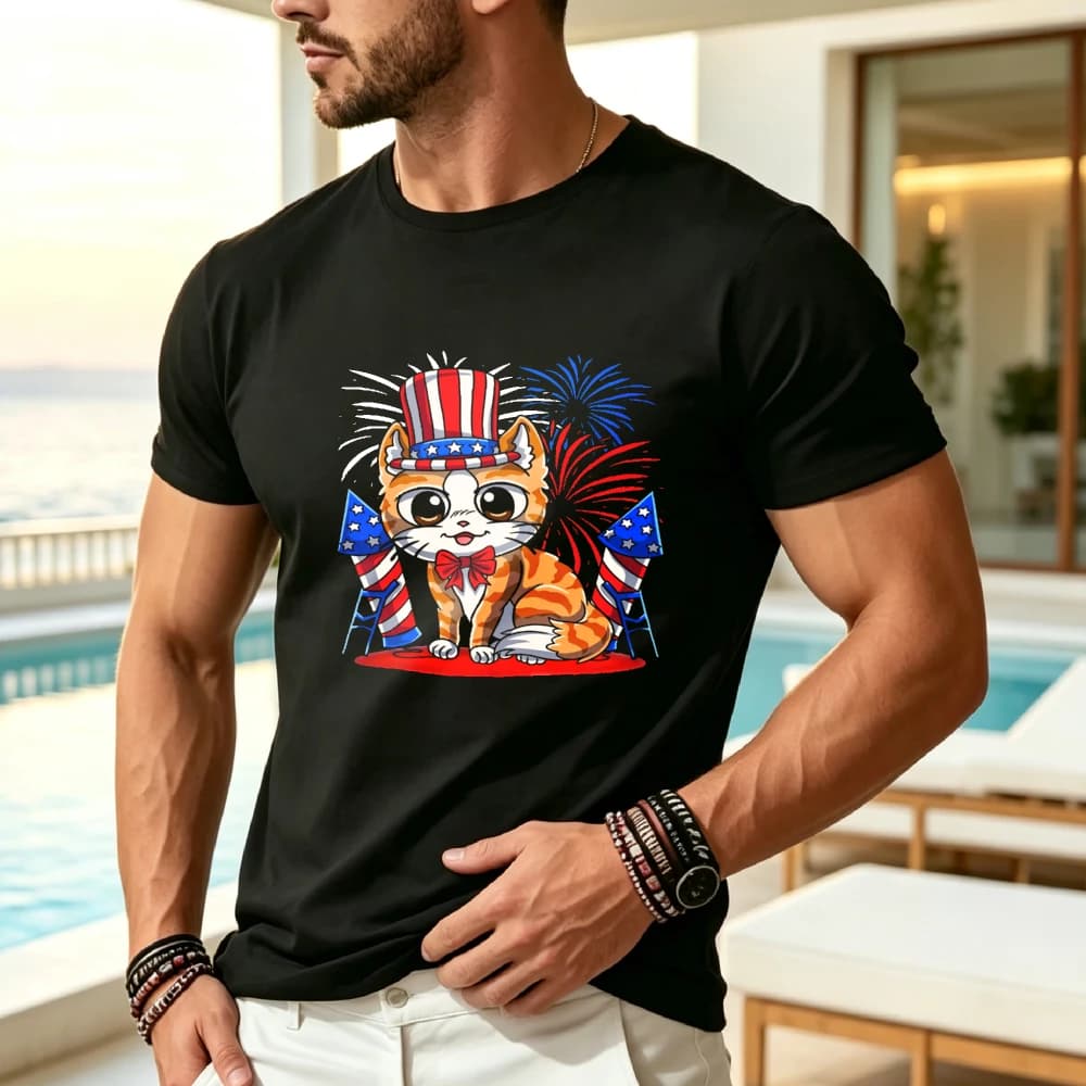 Unisex Crew Neck T-Shirt4th of July Patriotic Cat Funny American Flag Meowica Cute T Shirt 4oj7693443 at Black Product Image Same Style for Men and Unisex 2026 Summer Shortsleeved Printed TshirtLightweight and Comfortable Fabric Suitable for All