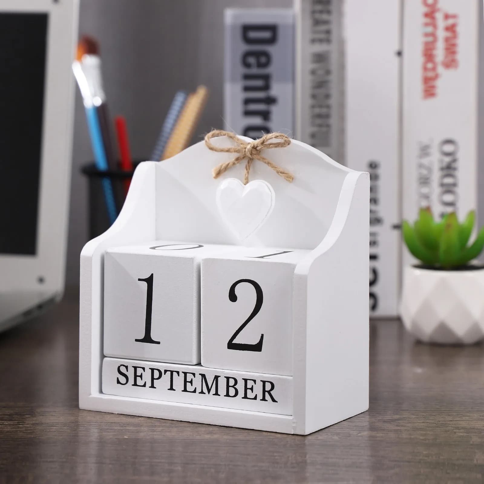1 Pezzo Calendario Rustico in Legno Stile Vintage Europeo, Calendario Perpetuo da Scrivania, Ornamento da Tavolo in Legno per Casa e Ufficio