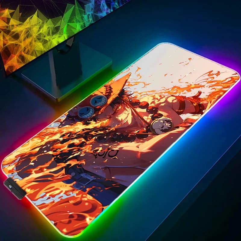 Tappetino per mouse LED RGB Tappetino per tastiera portatile Tappetino per tastiera portatile antiscivolo One Piece Portgas·D· Ace Anime Tablet Pad Accessori per PC Tappetino per mouse Tappetino da scrivania da gioco