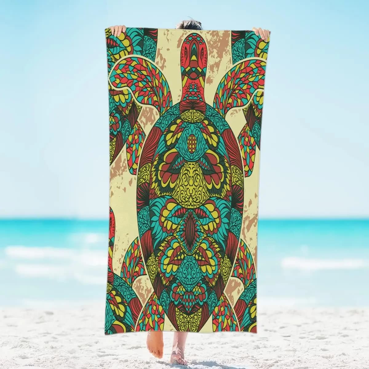 Telo Mare Oversize in Microfibra con Motivo Tartaruga Etnico Bohemien, Telo Extra Large Leggero da Viaggio per Adulti, Regalo da Spiaggia