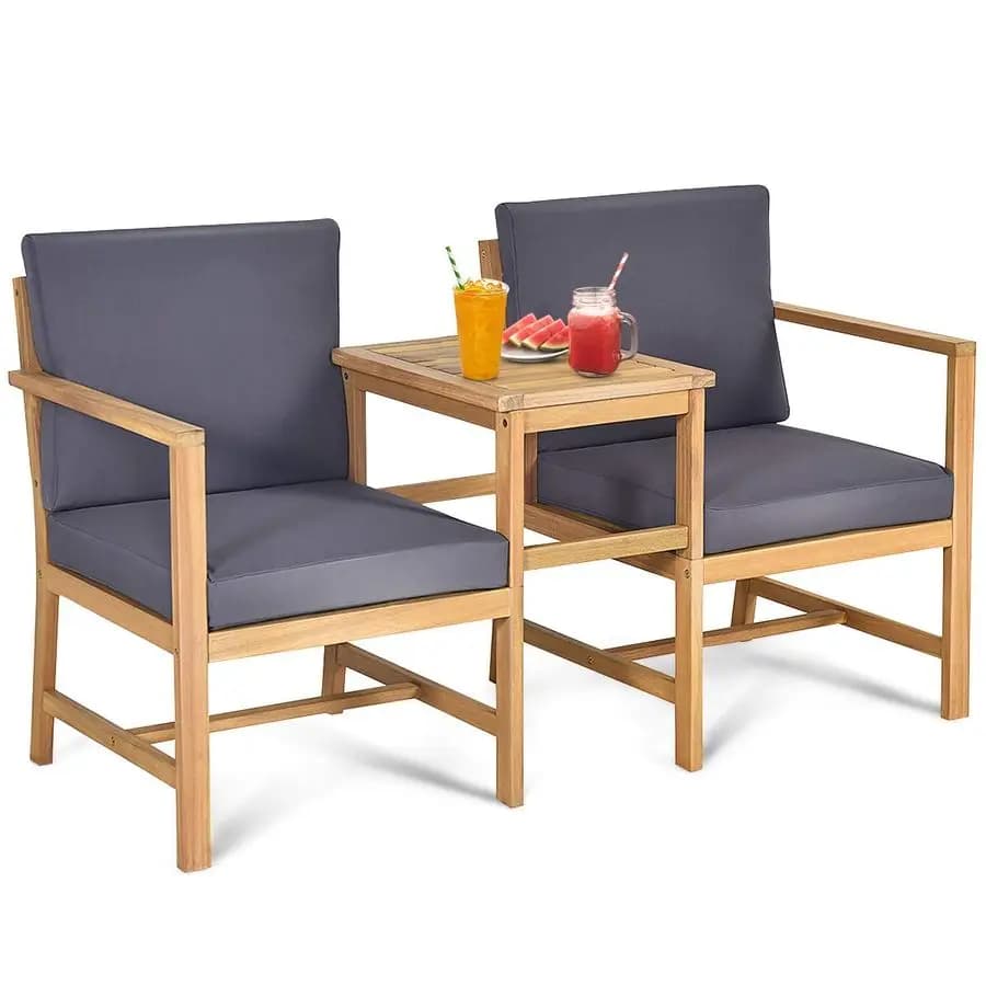 Set 3 in 1 in Acacia Wood: Sofa with 2 Seats with Seat Table, Set of 3 Wooden chairs with cushions, Set of 2 Posts