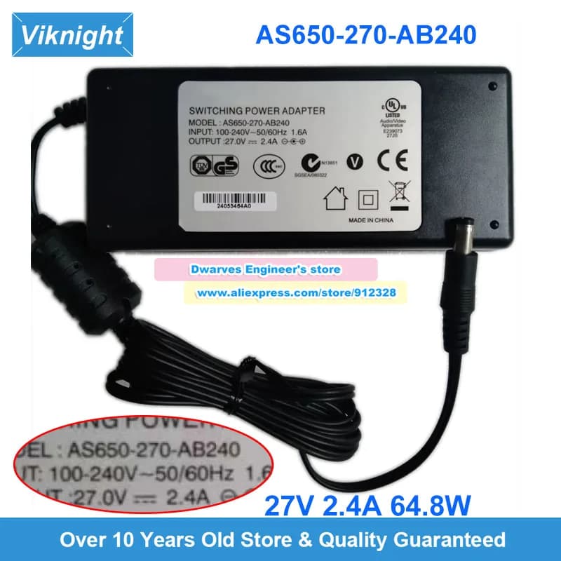 AS650-270-AB240 AC Adapter 27V 2.4A 64.8W Laptop Charger For KINGWALL Speaker Power Supply 5.5x2.1mm