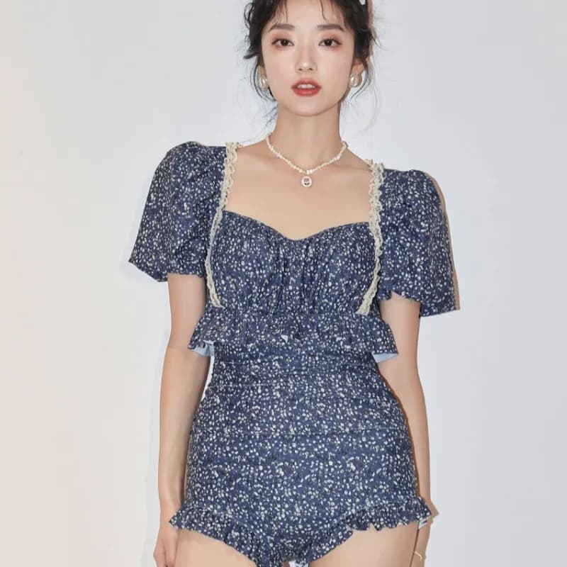 Costume da bagno da donna con puro desiderio, sensazione di fascia alta, sexy, senza schienale, stile floreale, gonna arricciata, costume da bagno intero da spiaggia