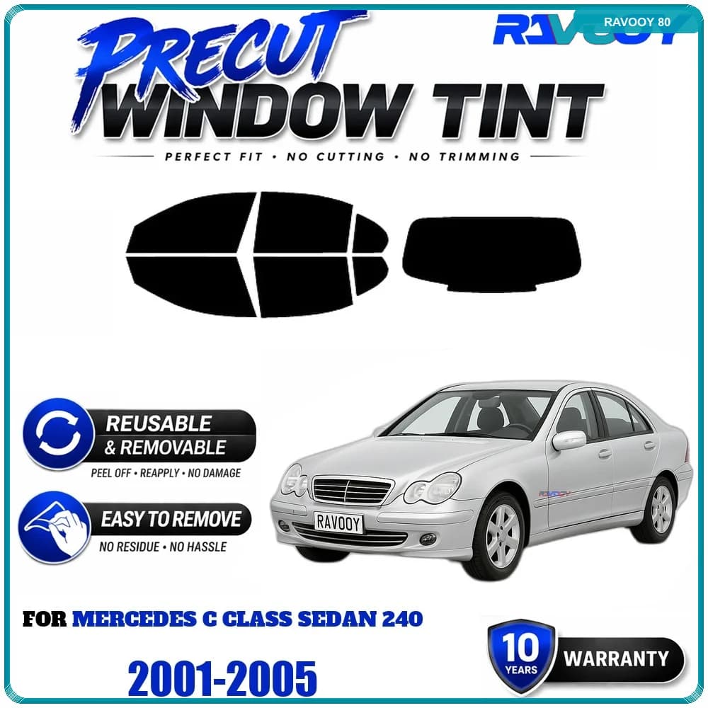 RAVOOY Precut Window Tint, Reusable Removable EPU Film, Custom Fit for Mercedes C Class Sedan 240 2001-2005, UV Heat Protection