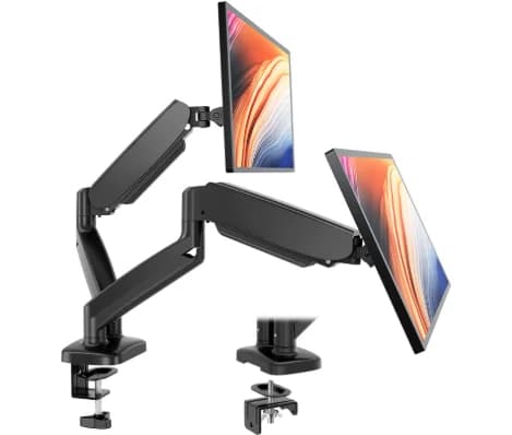 Support for two monitors, arm with gas spring, desk support for 2 monitors, adjustable height, swivel, VESA bracket with clamp and cable base.