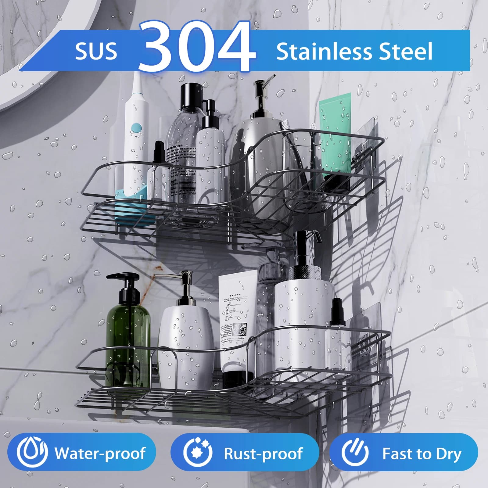 2PCS Bathroom Corner Triangle Shelf Wall Mounted Storage Shelves Shampoo Holder Cosmetic Rack Iron Shower Drain Basket Organizer