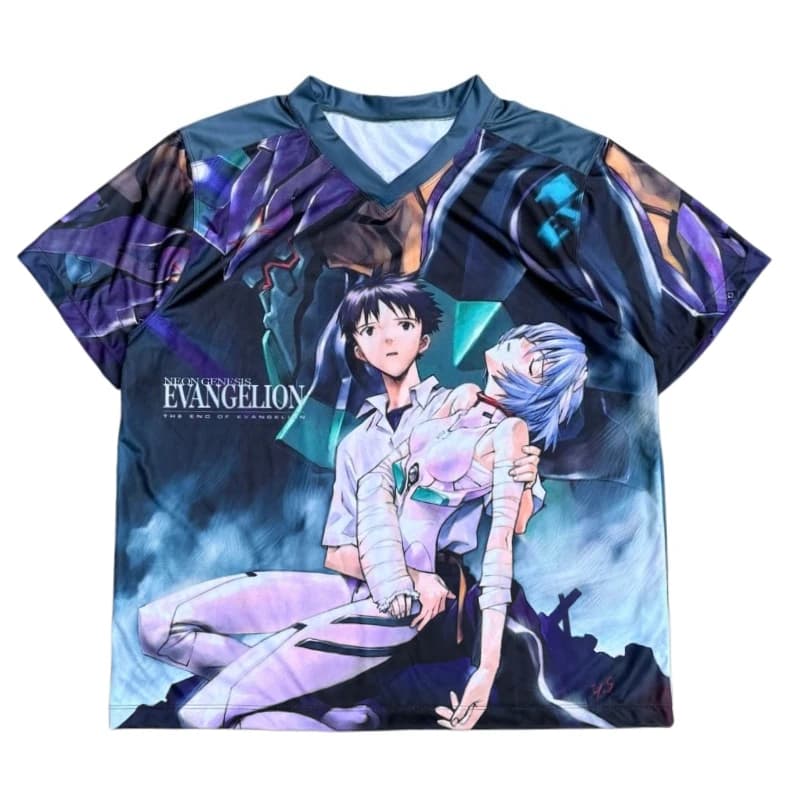 Maglietta da uomo con stampa 3D di Neon Genesis Evangelion Shinji Rei The End of Evangelion, con scollo a V, elegante e casual, per i fan degli anime.