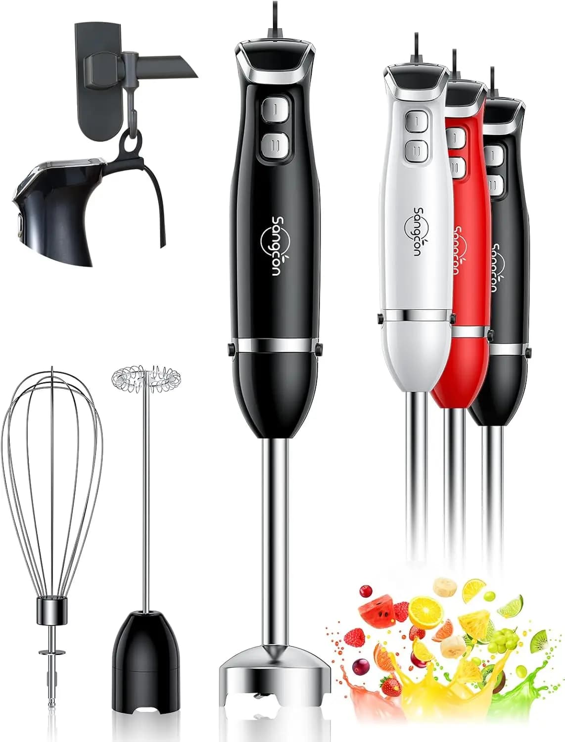 Frullatore a Immersione 3-in-1, Mixer Elettrico da 400W con Frusta e Montalatte, Lame in Acciaio Inox - Nero