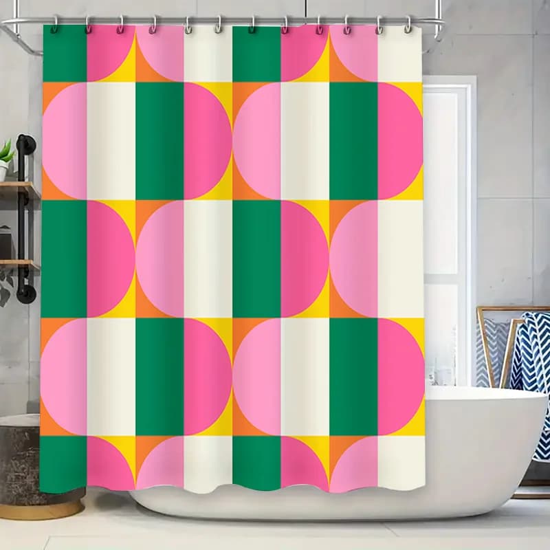 Set di tende da doccia con tappeto da bagno luminoso, motivo geometrico moderno, con anelli per il bagno (180x240 cm)