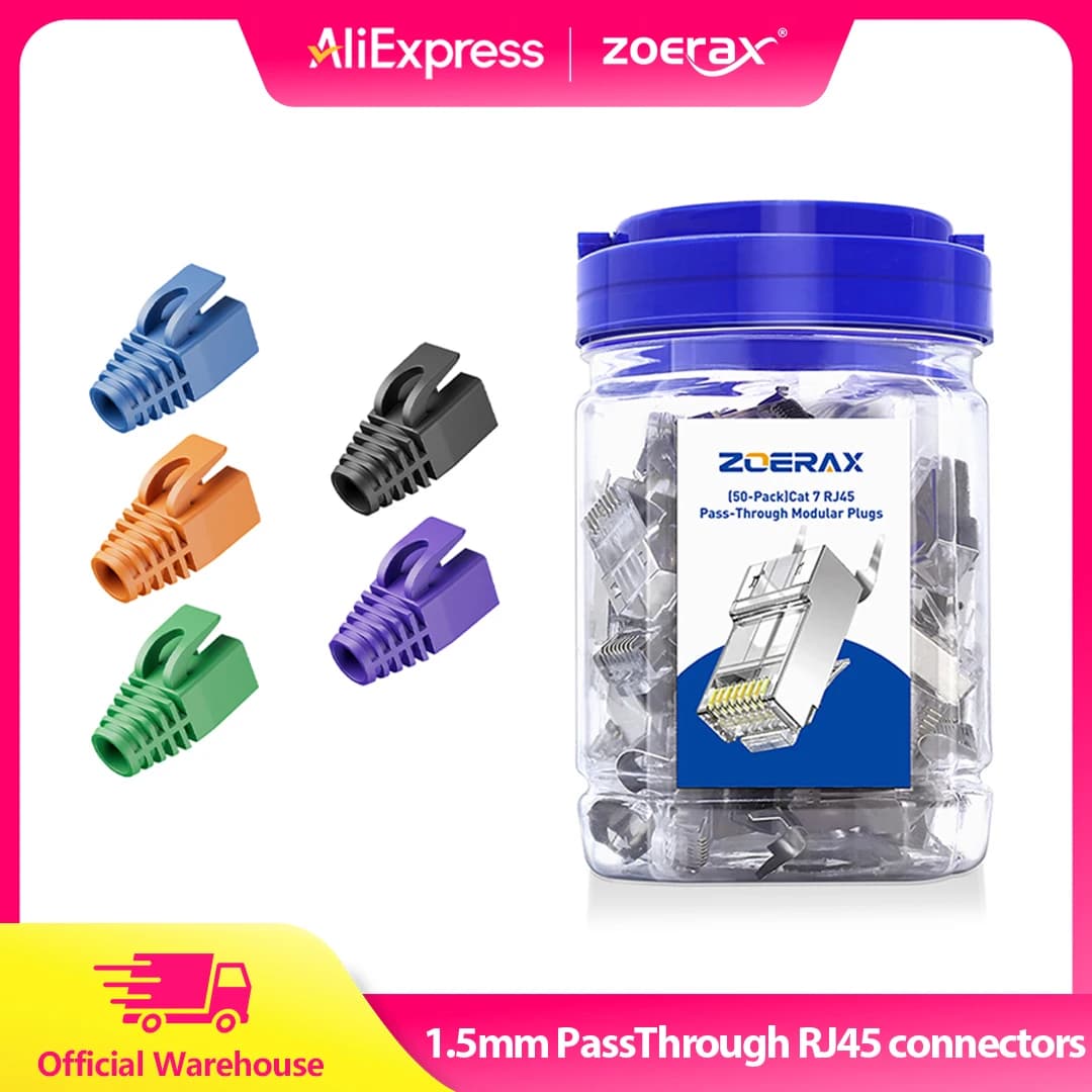 ZOERAX 50PCS Kit connettori passanti RJ45 Cat7 Cat6A schermati 3 poli 8P8C Spina in 2 pezzi placcata oro con stivali antistrappo
