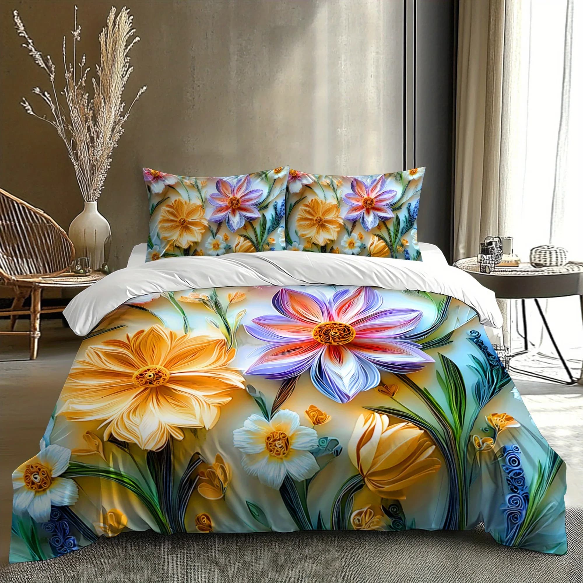 Set Copripiumino di Lusso Stile Leggero con Motivo Floreale 3D - Stampa Digitale Spazzolata con Design di Fiori Gialli e Viola