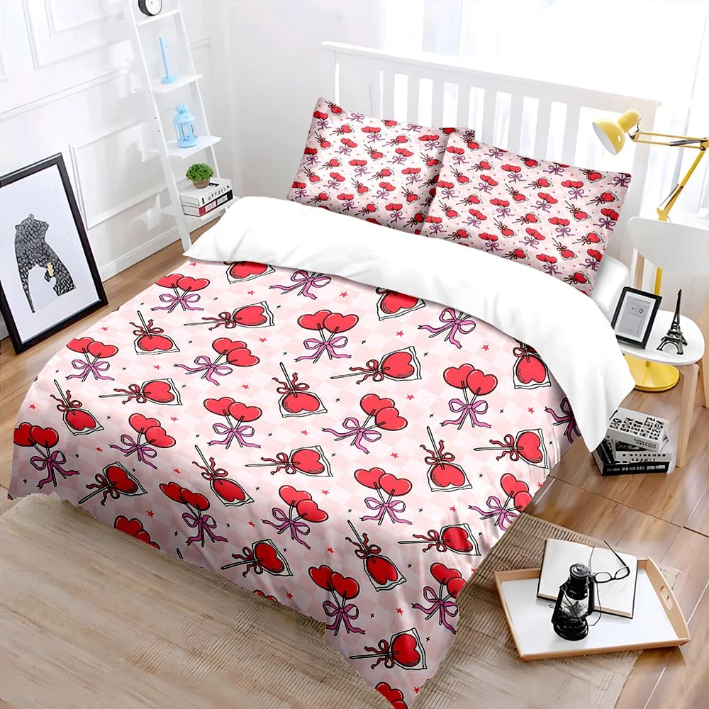 Set di biancheria da letto con stampa di palloncini a forma di cuore rosso e fiocchi, 1 copripiumino, 2 federe per adulti e bambini, regalo di lusso, misura completa.