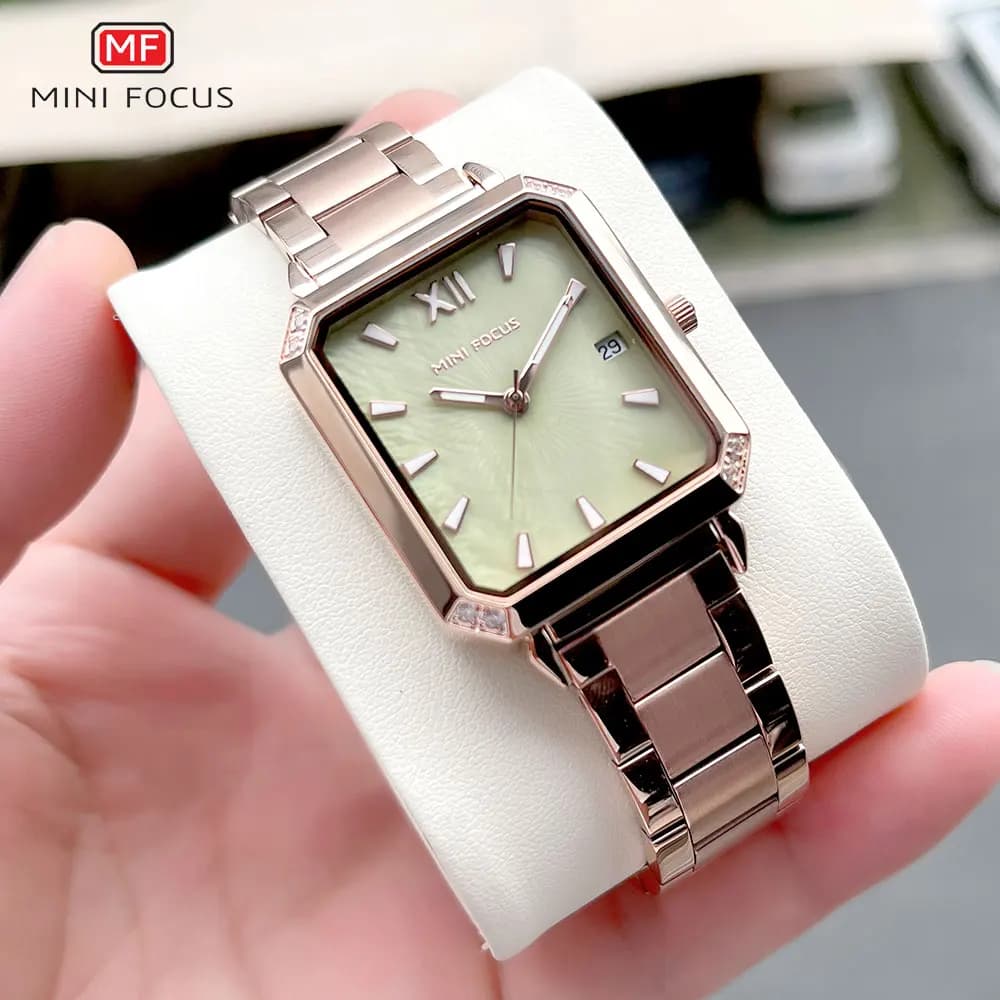 MINI FOCUS Square Dial Quartz Watch Fashion Women's Watch Analog Wrist Watch with Luminous Hands Date Rose Gold Stainless Steel Strap 0472