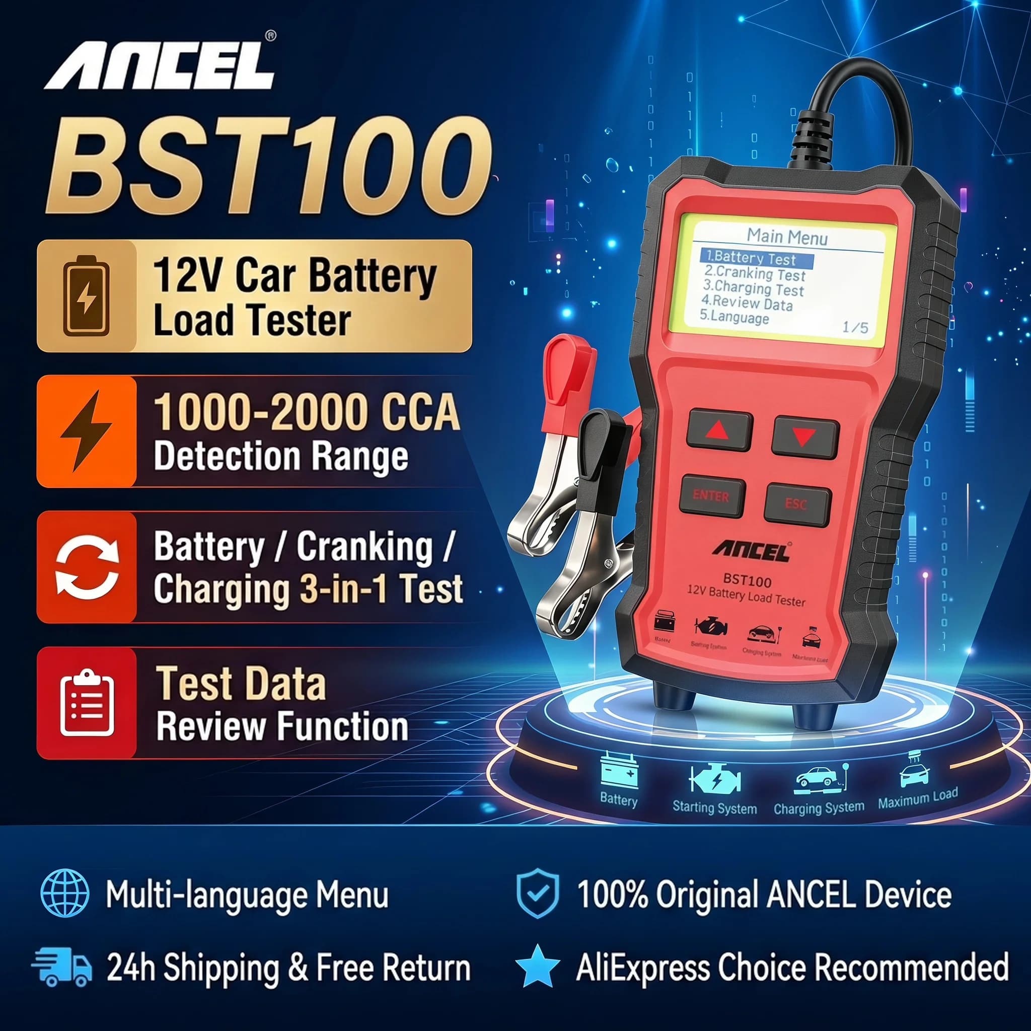 ANCEL BST100 12V Tester Battery Analyzer Battery Auto Starting Charging Circuit Test 220Ah 2000CCA Multilingual Battery Tool
