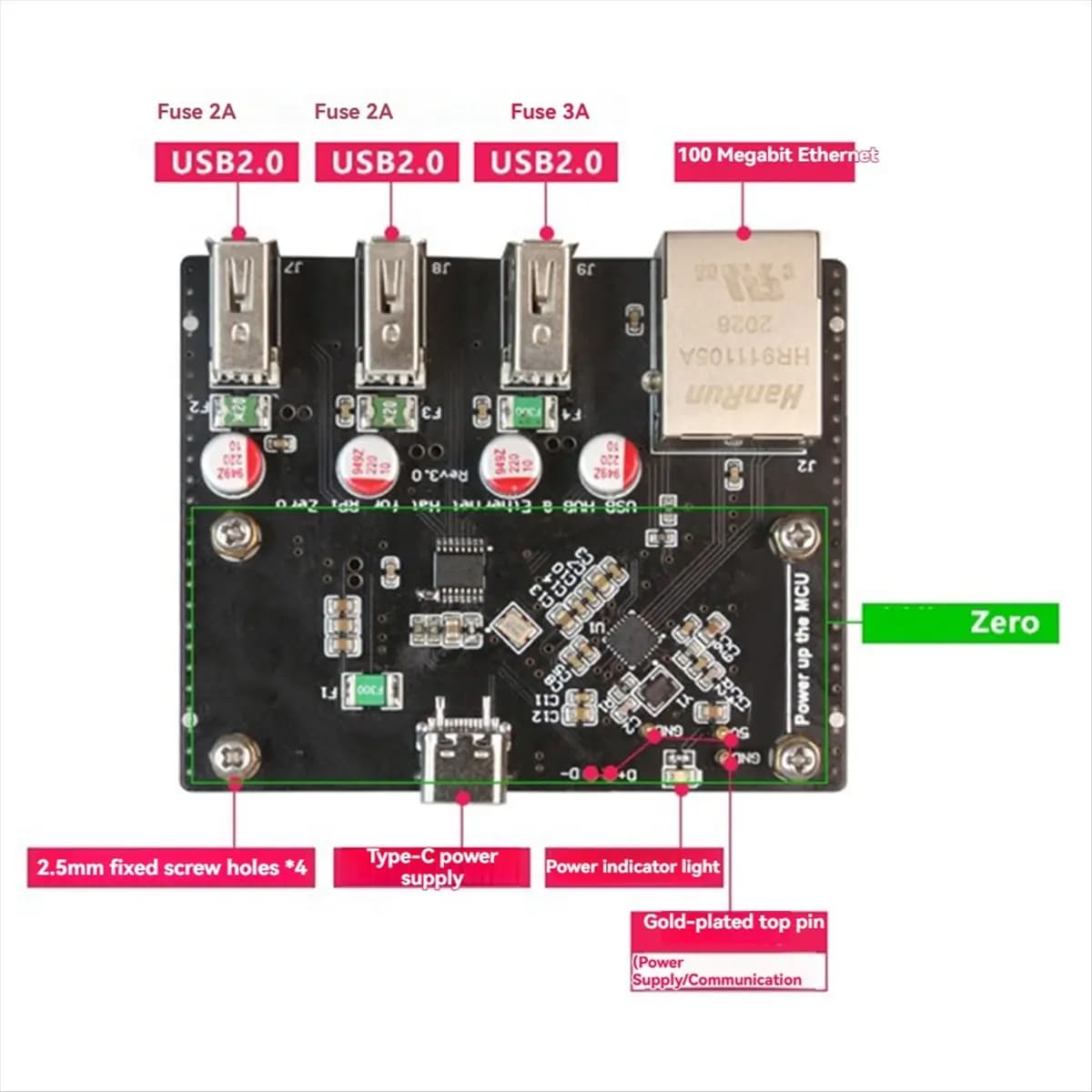[VALUE PACK]RPi0-3U1ETH for Zero Expansion Board 100Mbps Ethernet Port Expansion Board with 3XUSB 2.0 Ports Riser Card