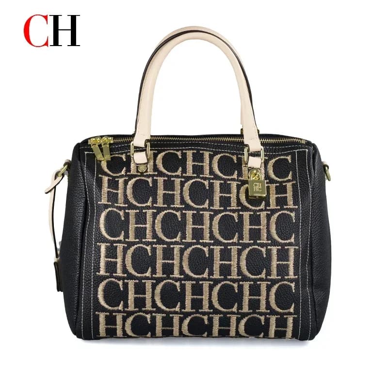 CH Embroidery Letter Boston Bag Women Black PU Leather Handbag Gold Lock Removable Strap Travel Crossbody Shoulder Purse