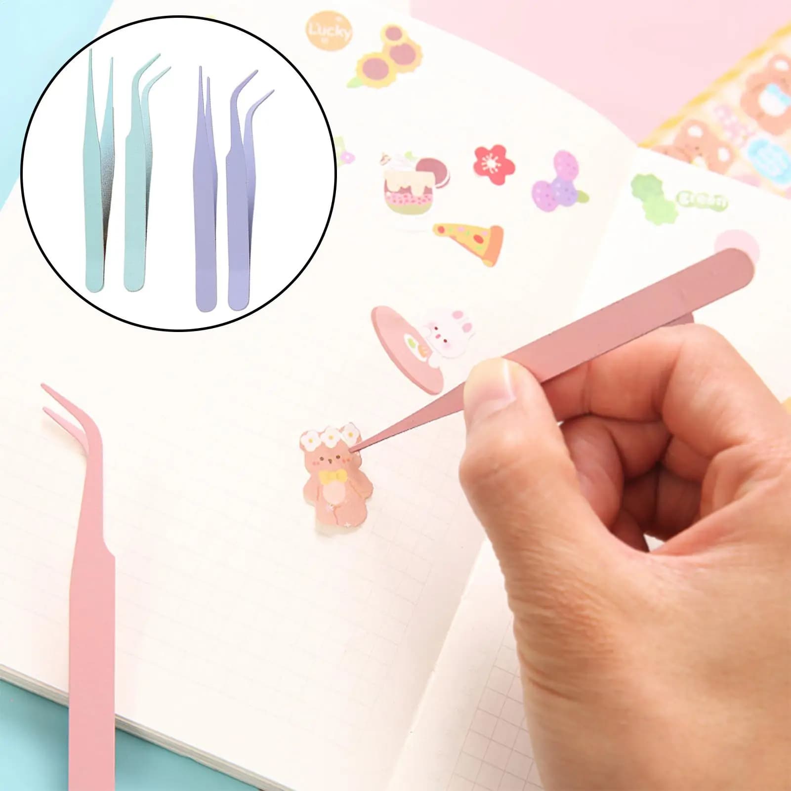 2Pcs/set Scrapbook Tweezers Stainless Steel DIY Crafting Lashes Stickers Colorful Straight and Curved Tips Eyelash Tweezers