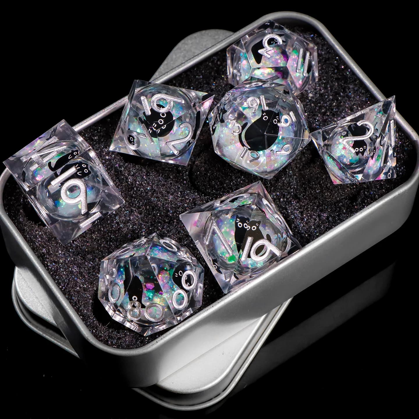 Set di dadi in resina con nucleo liquido per gatti 7 pezzi Dadi poliedrici con bordo affilato D&D Dice per giochi di ruolo Dungeons & Dragons D20 D e D