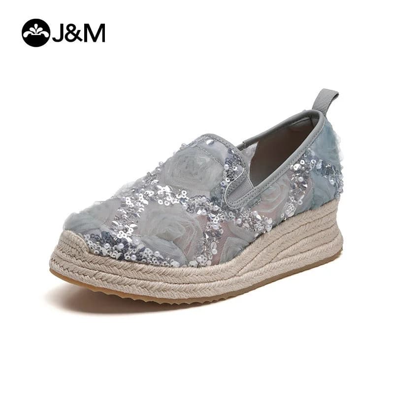 2026 J&M Women's Casual Shoes with 5cm Zeppa, Summer Spring Moccasins, Breathable Espadrillas in Floral Network, Rubber Fishing Shoes
