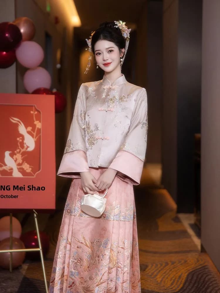 Abito da sposa cinese rosa, nuovo set per la sposa, abito da cerimonia Hanfu, costume tradizionale, gonna a vita media a trapezio