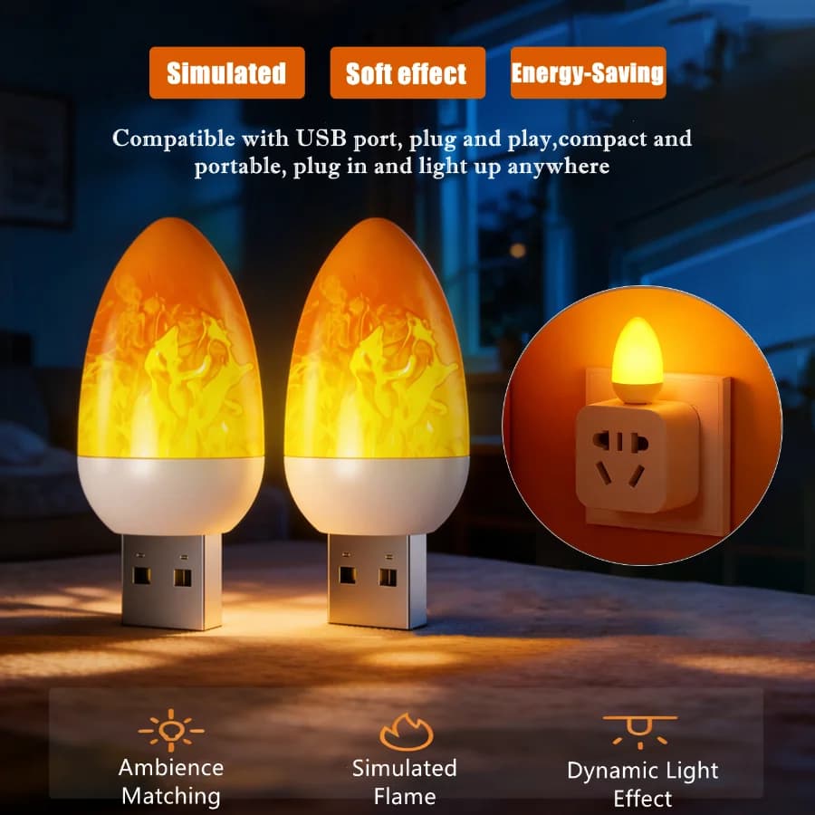 Fiamma dinamica USB LED Fiamma Fiamma Luci a candela Flash Atmosfera Luce Lampada da libro portatile Illuminazione da campeggio Decorazione della camera da letto