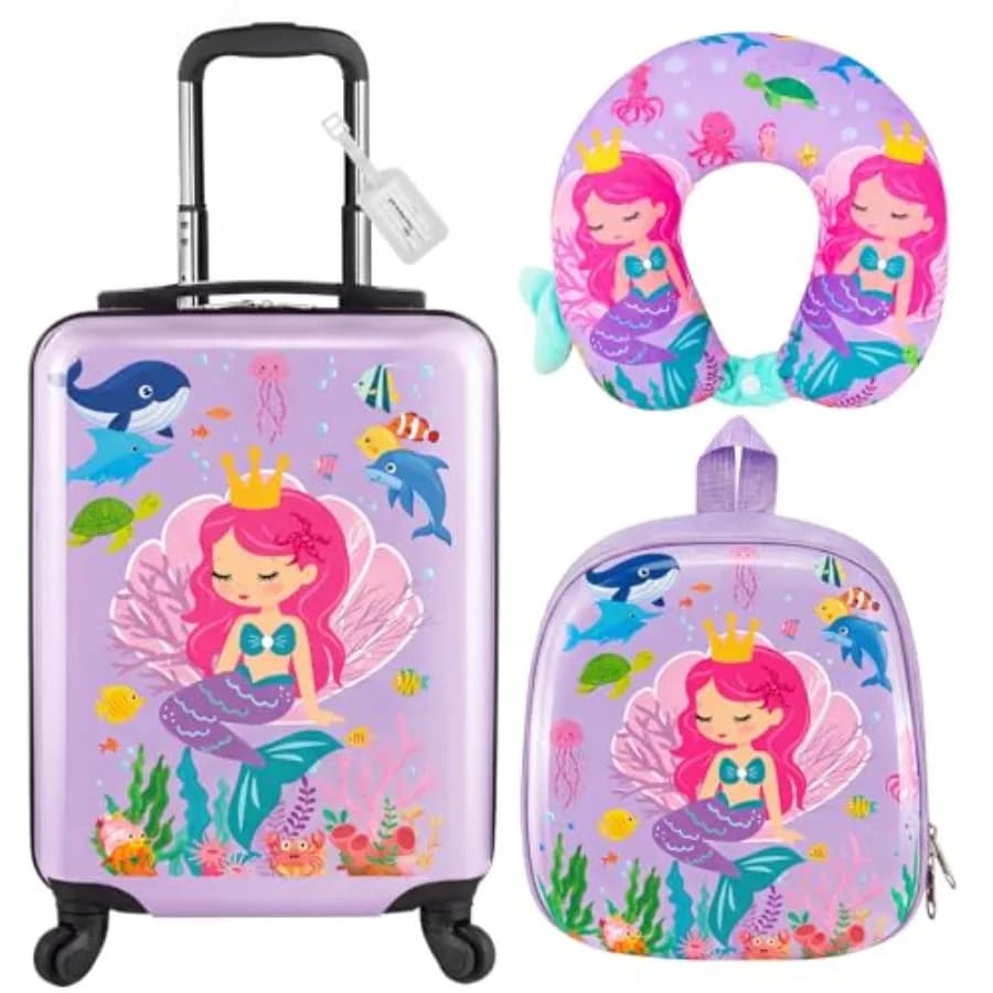 Set da viaggio 4 pezzi: valigia trolley, zaino, cuscino da viaggio, set regalo per ragazze e ragazzi, ideale per il campeggio estivo