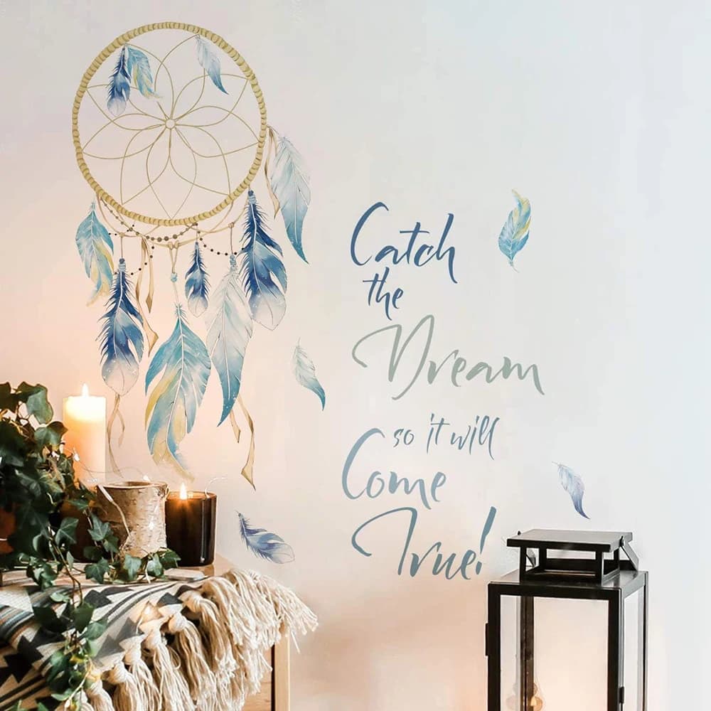 Colorful Boho Dreamcatches Wall Stickers Feather Dream Come True Phrases Wall Decals Bedroom Living Room Baby Nursery Home Decor