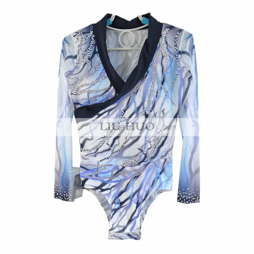 LIUHUO Customize Ice Figure Skating Top Men's Boys' Performance Costume Competition Blue Gray Black Stripes Leotard Teens Child