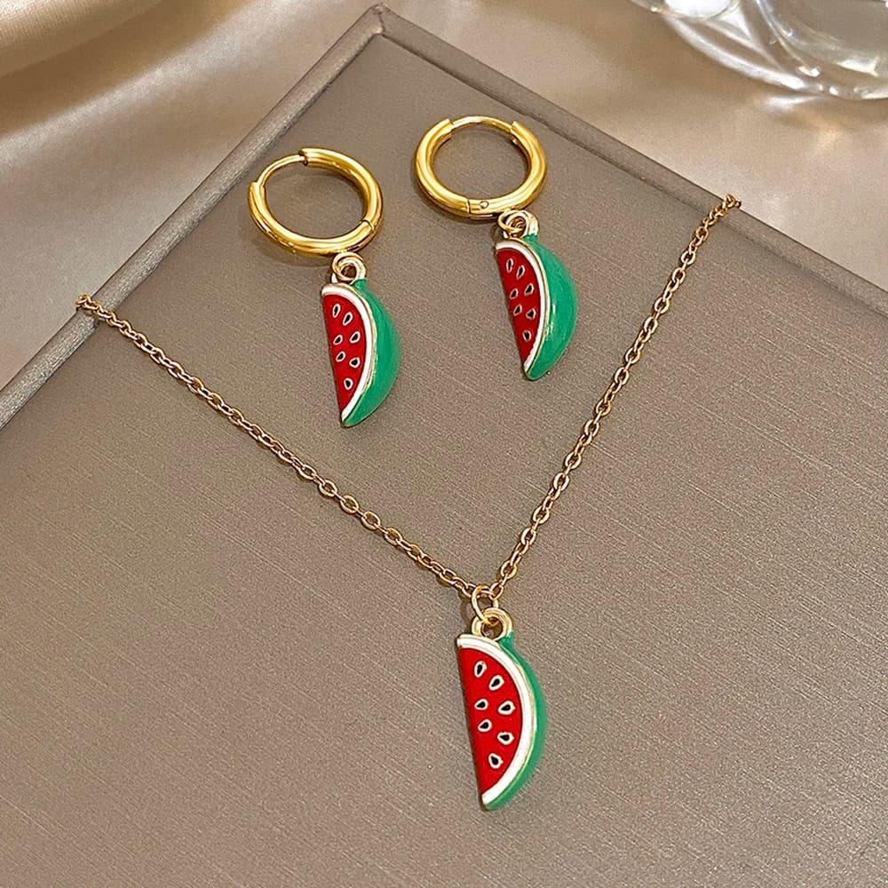 Nuova Moda ​ ​ Set di Gioielli con Collana e Orecchini a Forma di Anguria in Acciaio Inossidabile, Regalo per Donne, Collana Dolce e Graziosa