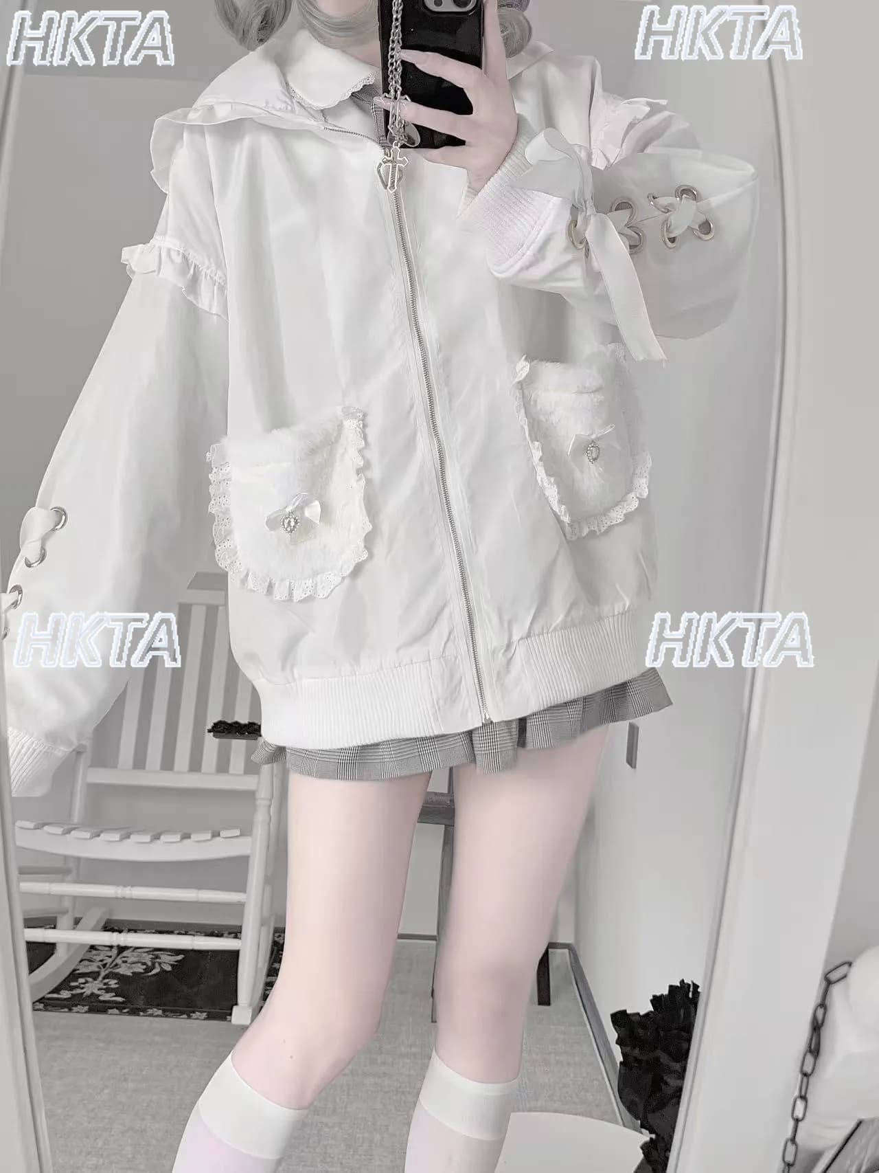 Giacca con Cappuccio Larga Nera da Donna, Stile Punk Goth Y2K, con Fiocco Plissettato in Pizzo, Collezione 2026, Produzione di Massa Giapponese, Subcultura Dark Sweet