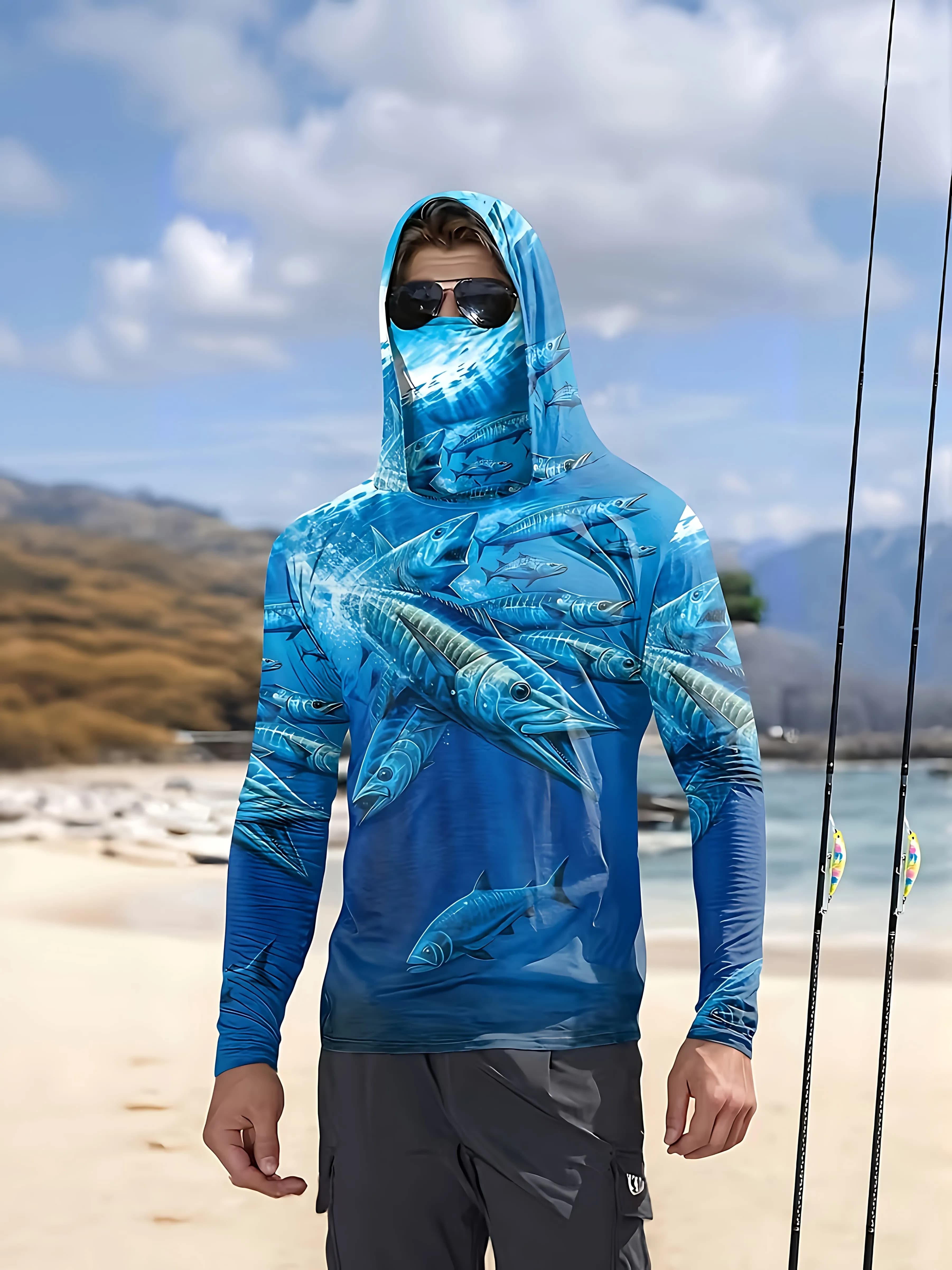 Maglia da Pesca con Cappuccio per Uomo, Abbigliamento da Pesca Estivo, Felpa con Maschera, Protezione Solare UV, Jersey Performante