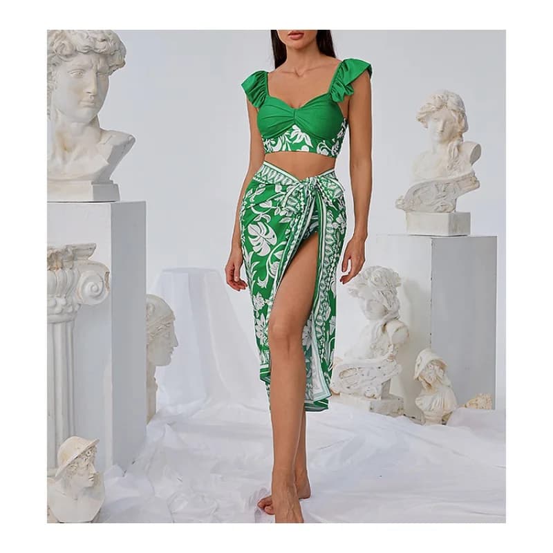 2025 Costume da bagno donna 3 pezzi Costume da bagno bikini verde con volant e pareo Vocation Costume da bagno due pezzi elegante costume da bagno da spiaggia