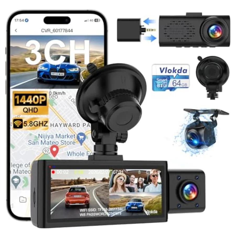 Uber dash cam for cars: 3-channel 2.5K front, 1080P cabin rear,black ABS plastic, 5GHz WiFi app control, 24H parking mode, IR n