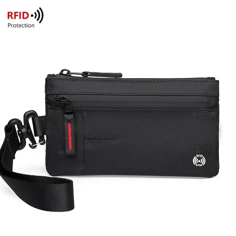 Pochette con cerniera e cinturino da polso, porta passaporto, portafoglio con cerniera e custodia EDC - Resistente alle intemperie e con blocco RFID - 3 scomparti esterni