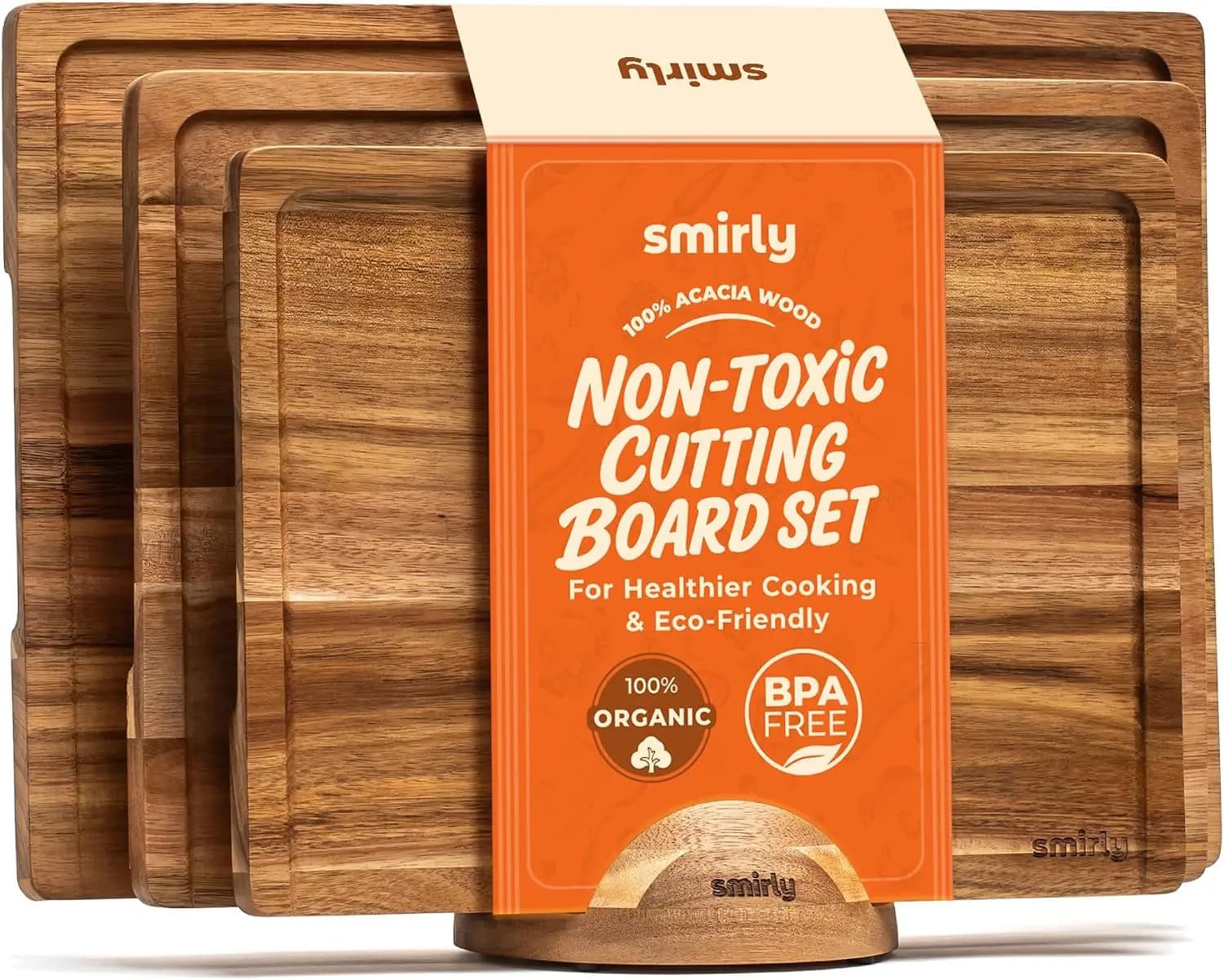 Acacia Wood Cutting Board Set of 3 with Holder - Durable, Non-Slip, Easy Clean, Perfect for Kitchen Prep & Serving